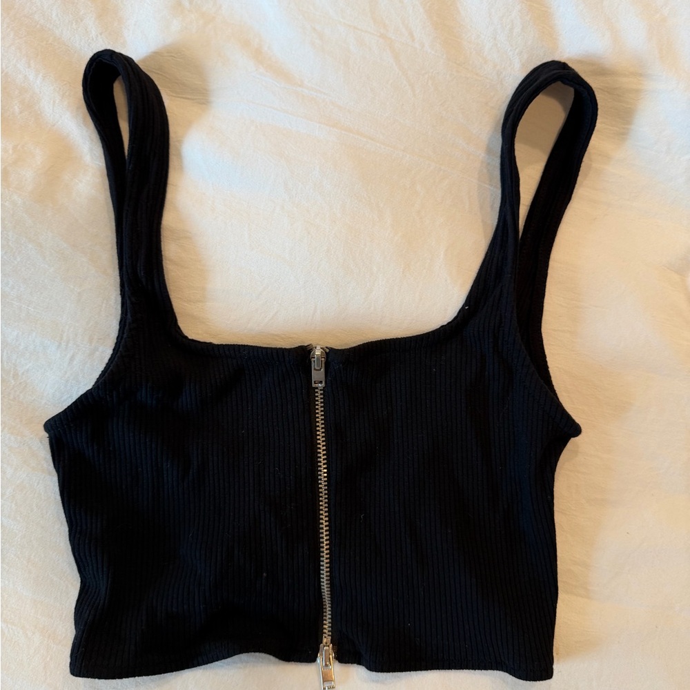 Zara Black Ribbed Zip-Front Crop Top